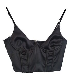 White Fox Black Satin Corset Crop Top Underwire Boned Bustier Small Coquette